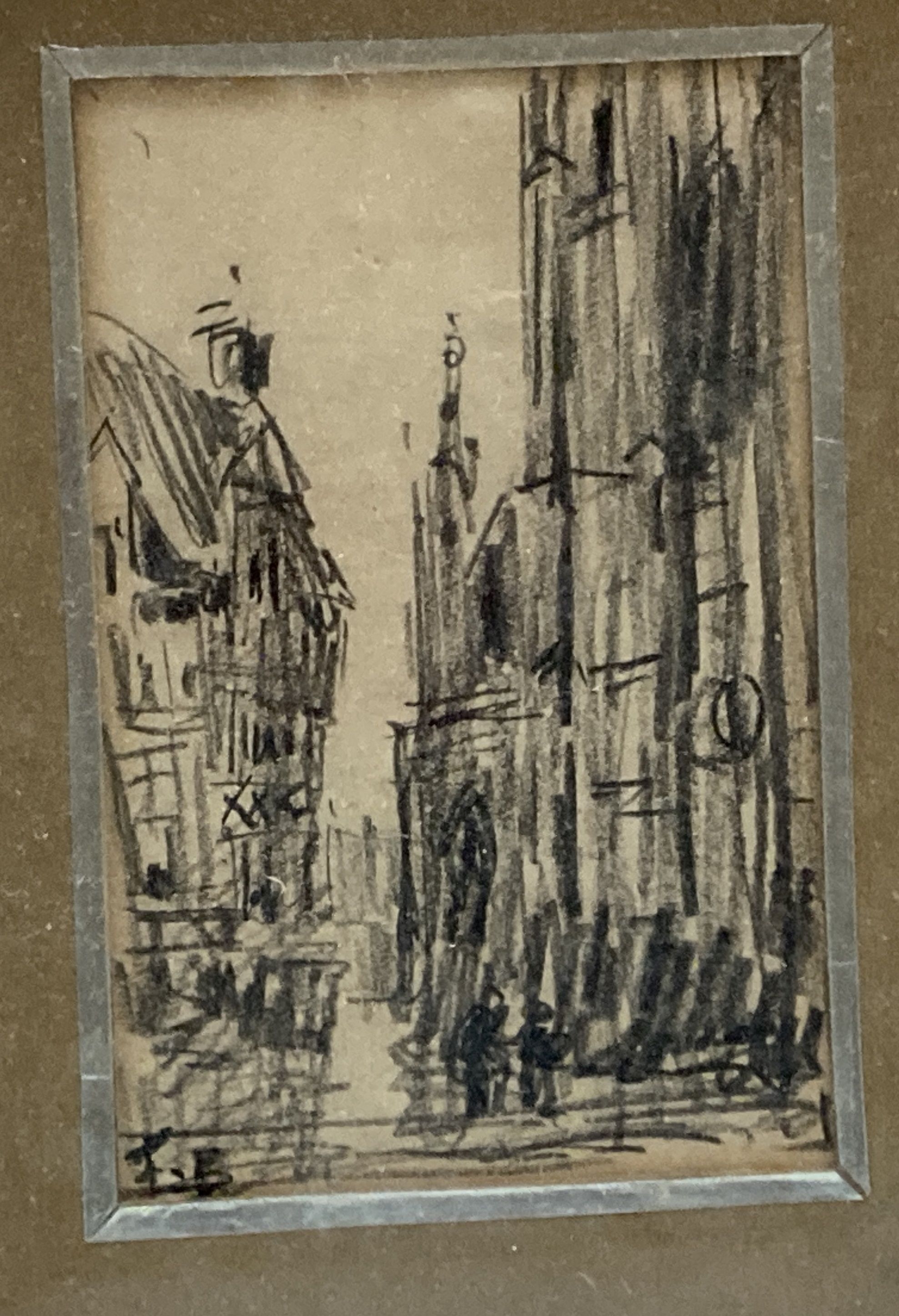 Frank Myers Boggs (1855-1926), 2 pencil sketches, Views of Caudebec and Honfleur, initialled, 11 x 7.5cm, framed as one